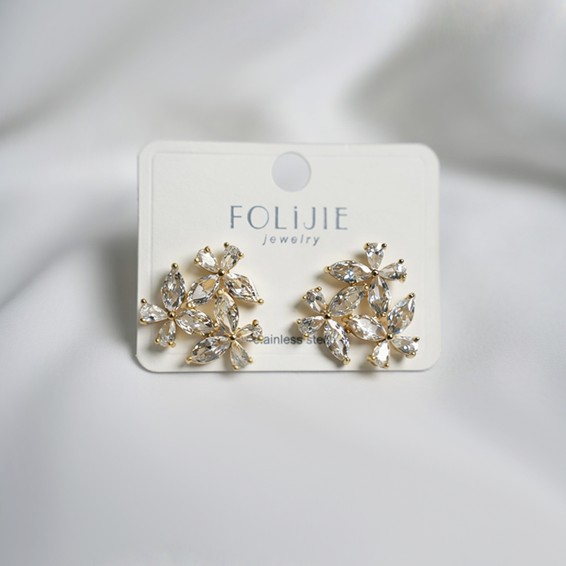 Gold-Toned Crystal Flower Stud Earrings| Triple-Flower Cluster Earrings For Girls