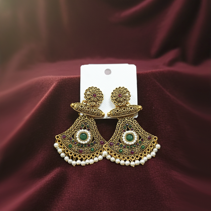 Traditional Indian Antique Gold-Plated Jhumka Earrings| Multicolor Stones & Pearl| Lightweight Earrings For Girls