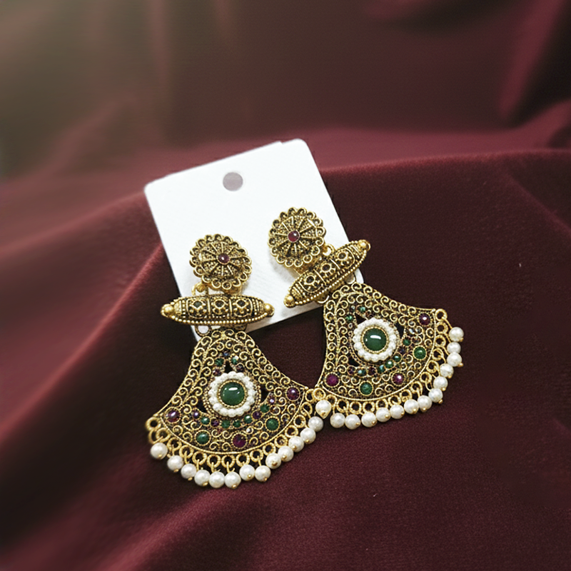 Traditional Indian Antique Gold-Plated Jhumka Earrings| Multicolor Stones & Pearl| Lightweight Earrings For Girls