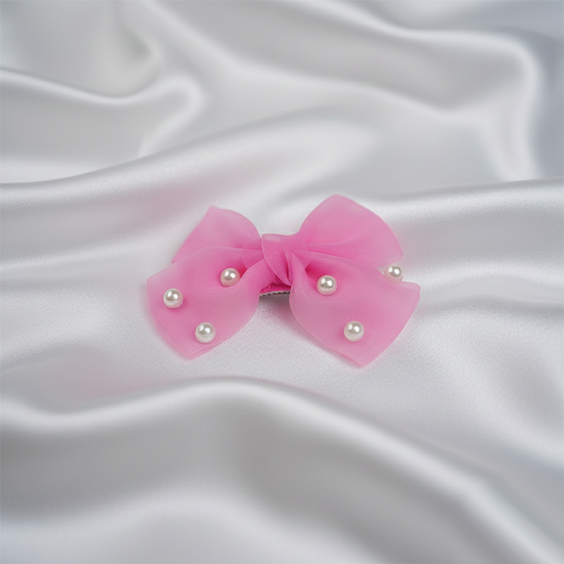 Bow Hair Clip With Embellished With Pearls| Lightweight, Delicate Fabric And Faux Pearls For Kids | Pair Of 2