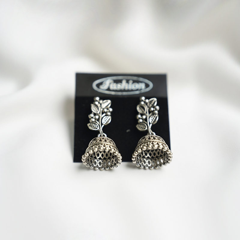 Traditional Oxidized Silver Plated Jhumka Earrings With Floral Leaf Stud Top & a Dome Shaped Drop With Bead Detailing