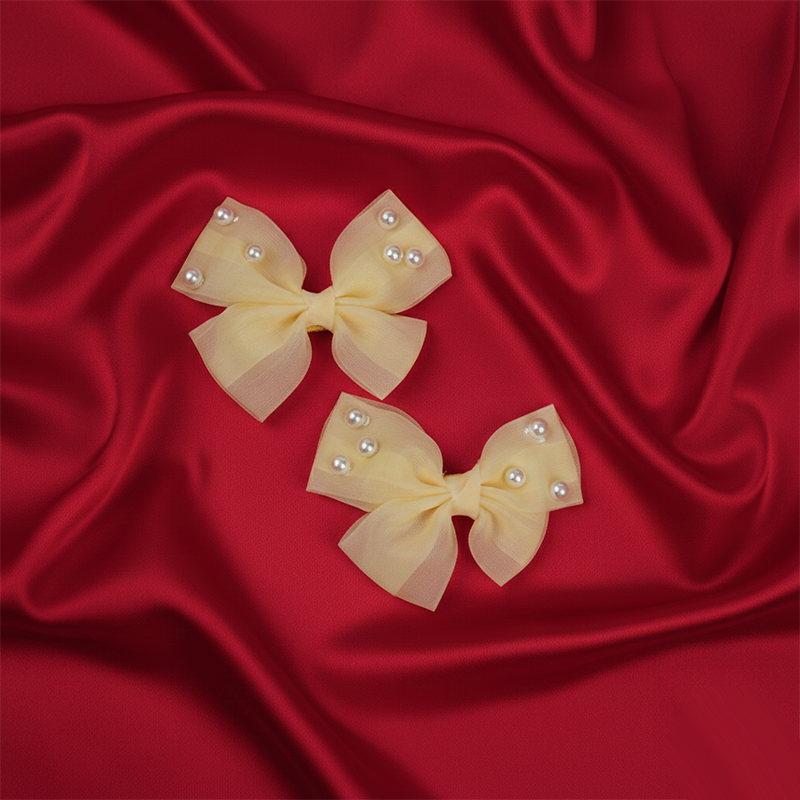 Bow Hair Clip With Embellished With Pearls| Lightweight, Delicate Fabric And Faux Pearls For Kids | Pair Of 2