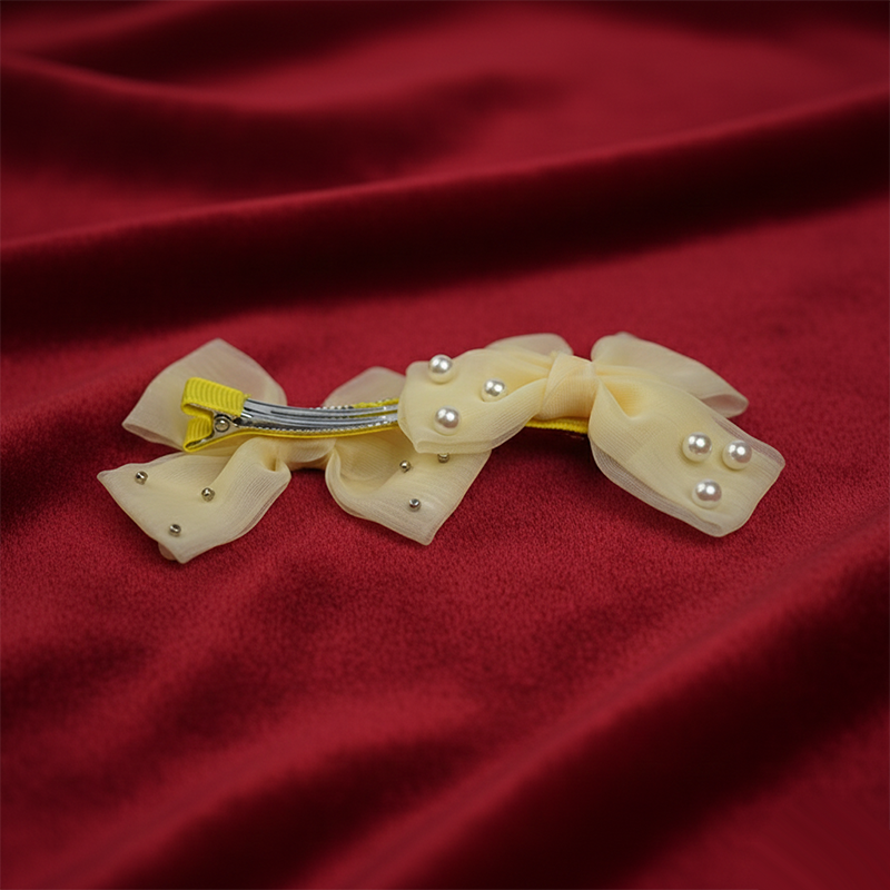 Bow Hair Clip With Embellished With Pearls| Lightweight, Delicate Fabric And Faux Pearls For Kids | Pair Of 2