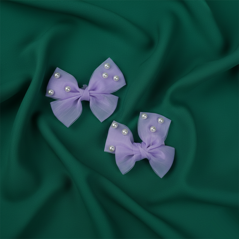 Bow Hair Clip With Embellished With Pearls| Lightweight, Delicate Fabric And Faux Pearls For Kids | Pair Of 2