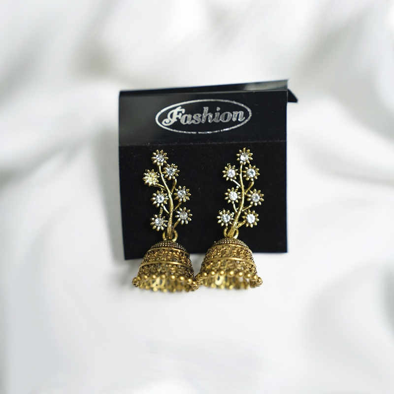 Traditional Antique Gold Toned Floral Studded Jhumka Earrings With Crystal Accents