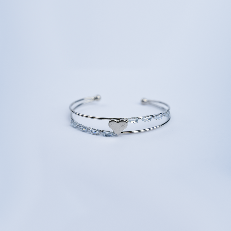 Double Band Open Cuff Bracelet With Heart Charm & Cubic Zirconia Stones| Lightweight bracelet for women's