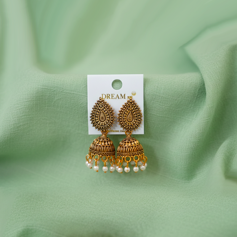 Gold-Plated Traditional Indian Jhumka Earrings| Antique Finish & Accents Color Earrings For Girls
