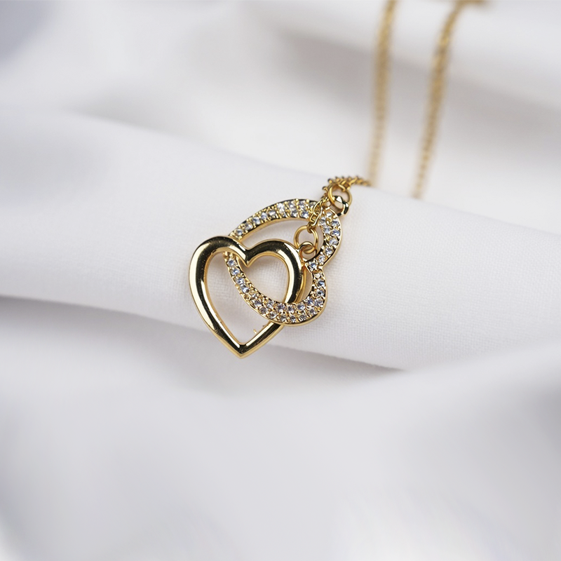 Gold-Plated Interlocking Double Heart Pendant Necklace With Cubic Zirconia Stones