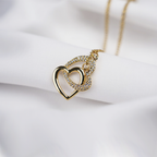 Gold-Plated Interlocking Double Heart Pendant Necklace With Cubic Zirconia Stones