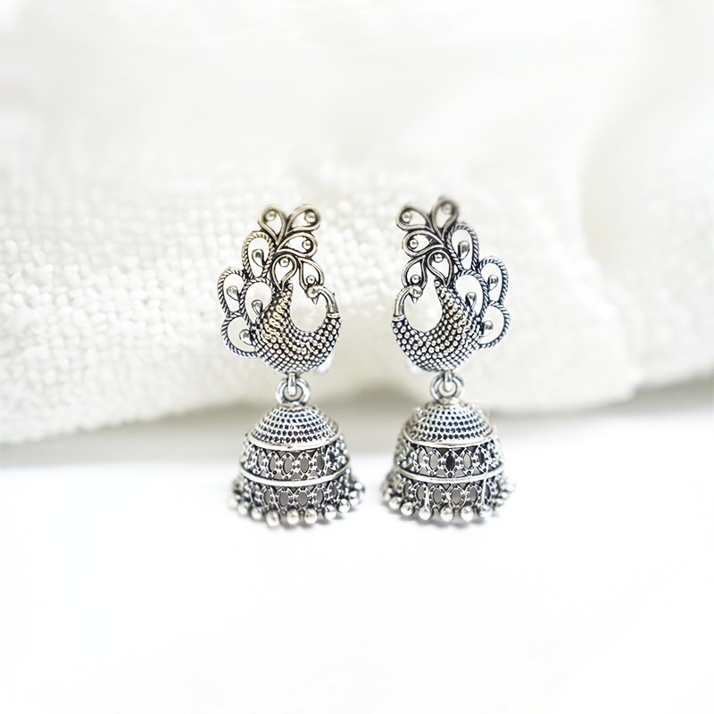 Traditional Oxidized Silver Peacock Motif Jhumka Earrings| Lightweight Earrings For Girls