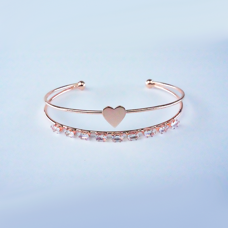 Double Band Open Cuff Bracelet With Heart Charm & Cubic Zirconia Stones| Lightweight bracelet for women's