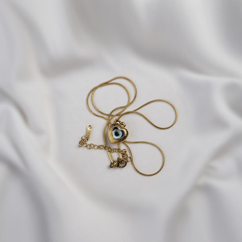 Gold Plated Heart Shaped Evil Eye Pendant| Simple Chain For Girls