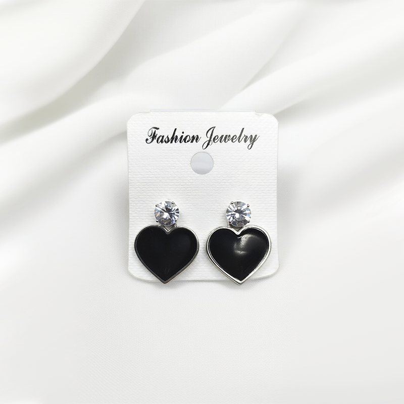 Silver-Toned Black Heart Shaped Stud With Cubic Zirconia Stones For Girls