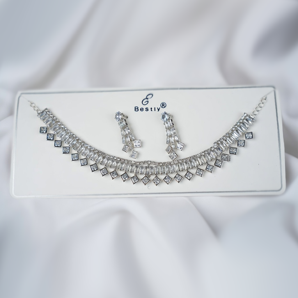 Elegant Silver-Toned White American Diamond Choker Necklace and Earring Set for Women