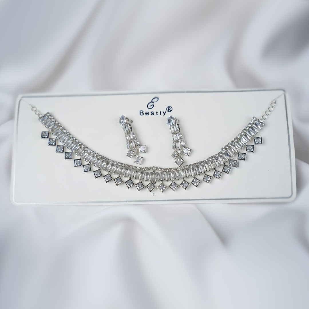 Elegant Silver-Toned White American Diamond Choker Necklace and Earring Set for Women