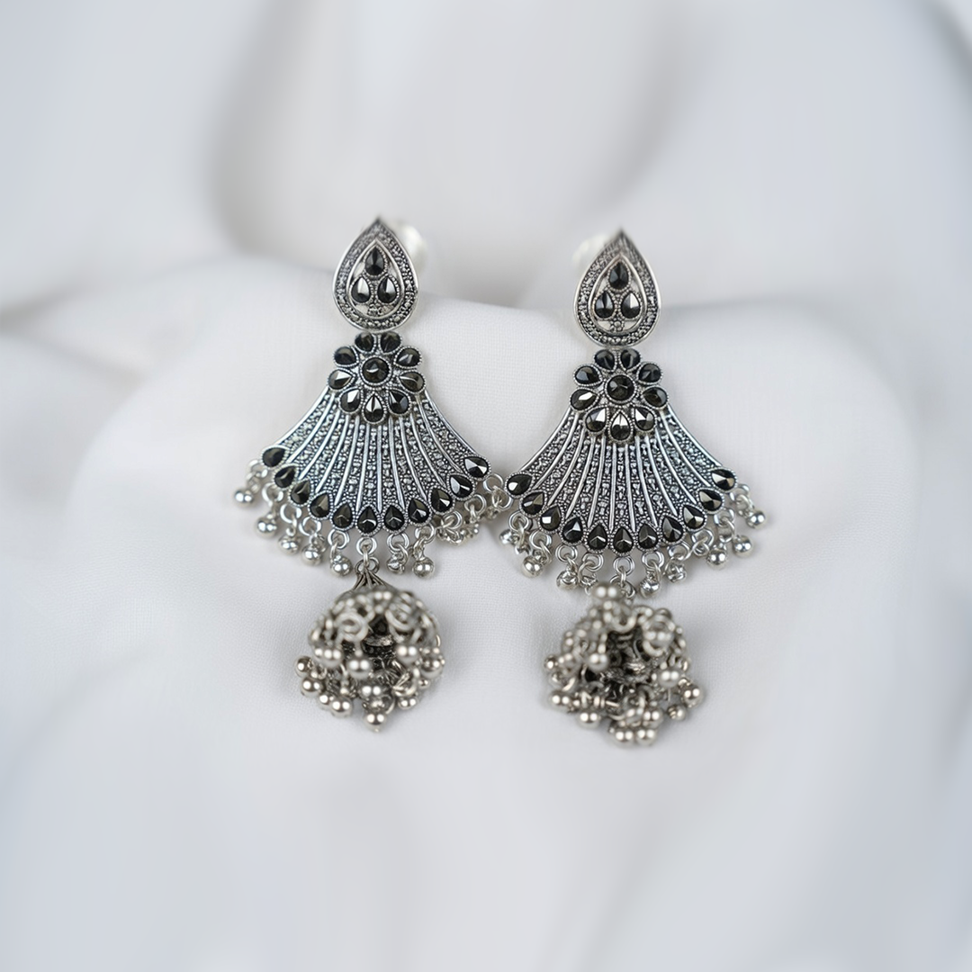 Traditional Oxidized Silver-Toned Black Stone Jhumka Dangler Earring| Elegant Earrings For Girls