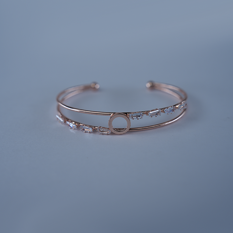 Double Band Open Cuff Bracelet| Clear Rectangular Baguette-Cut Stones| Central Open Circle Design| Lightweight Bracelet for women's