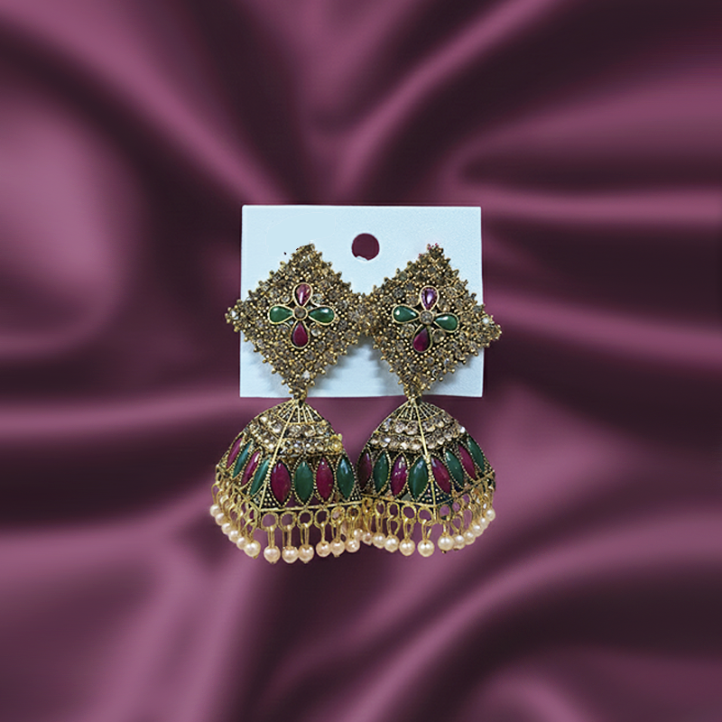 Traditional Gold-Plated Jhumka Earrings| Green & Maroon Enamel Work| Lightweight Jhumka For Girls
