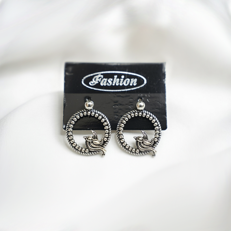 Oxidised Silver Bird Wreath Hoop Earrings| Circular Statement Studs| Nature Inspired Design For Girls