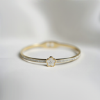 Anti-Tarnish Gold Plated Stainless Steel Bangle With a White Mother of Pearl Clover Flower & Rhinestone Clamp Bangle Bracelet