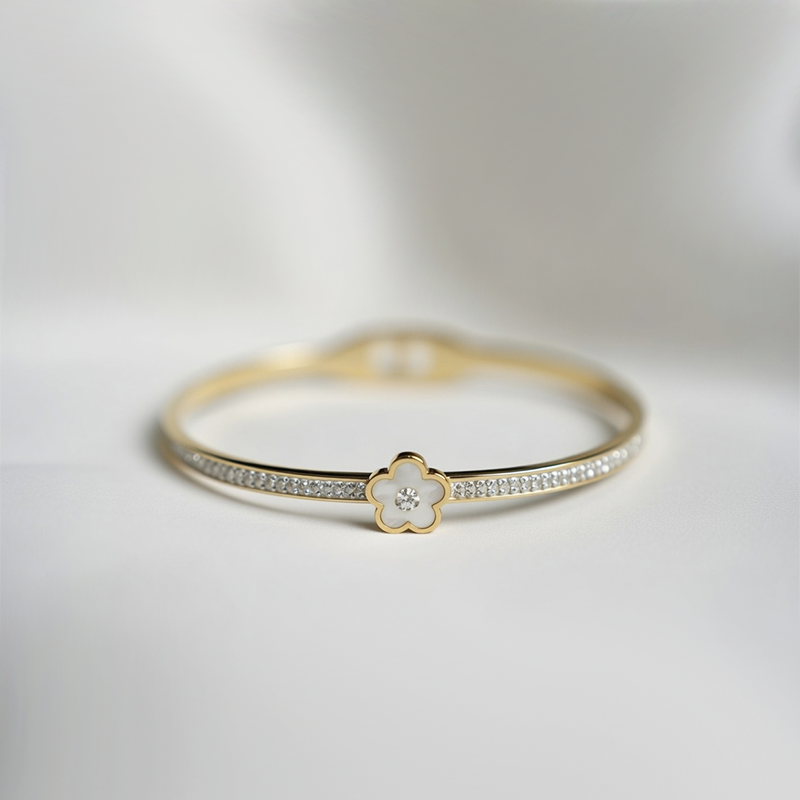 Anti-Tarnish Gold Plated Stainless Steel Bangle With a White Mother of Pearl Clover Flower & Rhinestone Clamp Bangle Bracelet