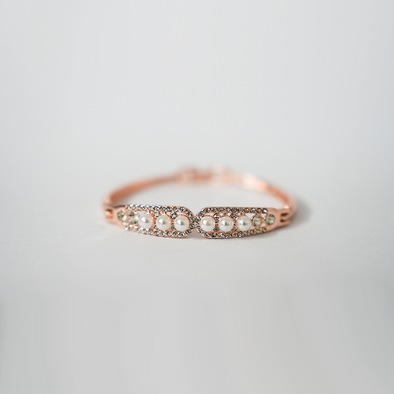 Rose Gold Toned Hinged Bangle bracelet| Embellished With Pearls & Cubic Zirconia |Hinged Design For Easy Wear & Secure Fit For Women's & Girls