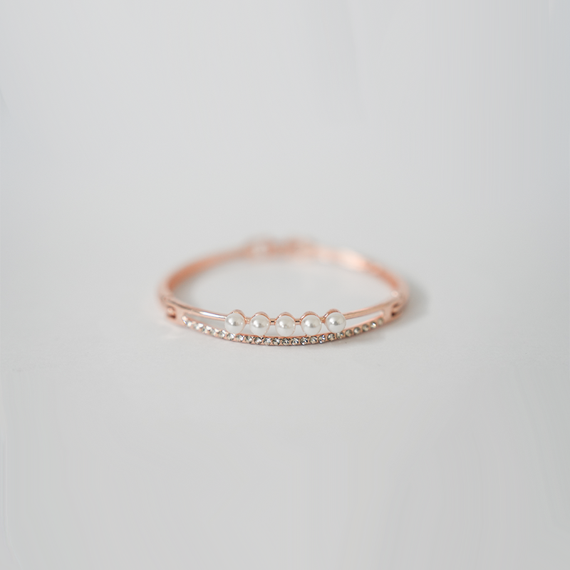 Rose Gold-Tone Finish Hinged Bangle Bracelet| Lustrous White Pearls & Sparkling Clear Crystals| Lightweight Bracelet For Women's & Girls