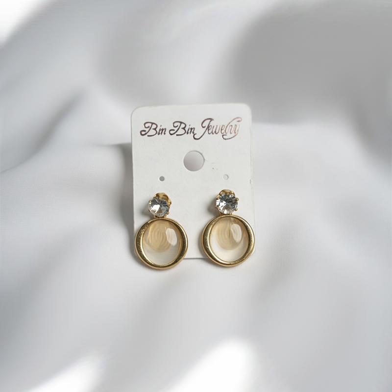 Gold Toned Drop Earrings With a Clear Round Drop & a Crystal Stud For Girls