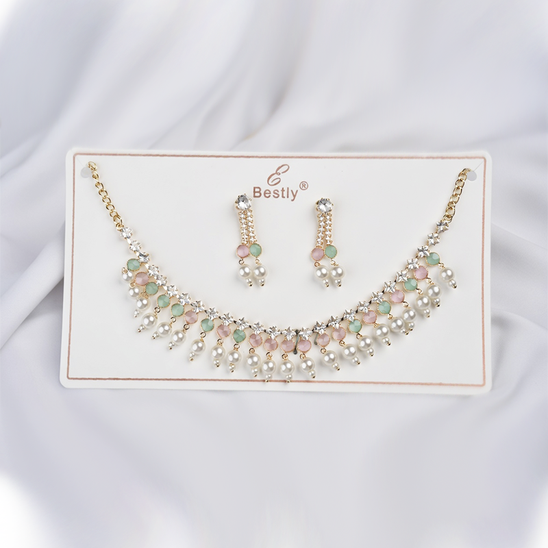 Silvermerc Designs Gold-Plated beads-beaded jewellery set with pink and white pearl-beaded Choker Necklace