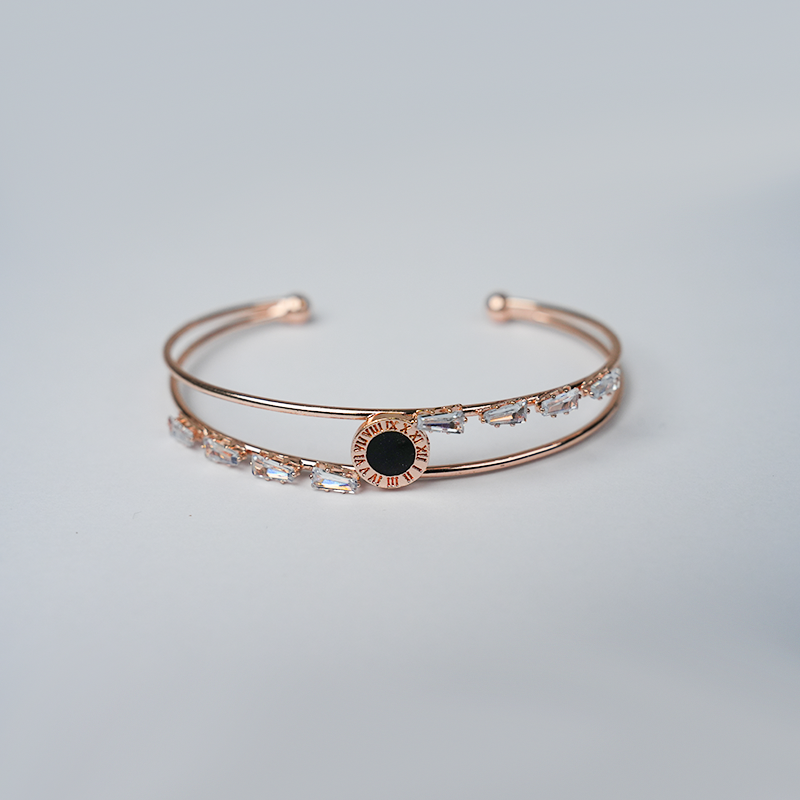 Roman Dial Open Cuff Bracelet| Black Enamel Motif & Clear Crystal Accents| Lightweight Bracelet for Women's