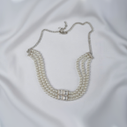 Elegant Silver-Toned Three-Strand Knotted White Pearl Necklace With Small Earrings