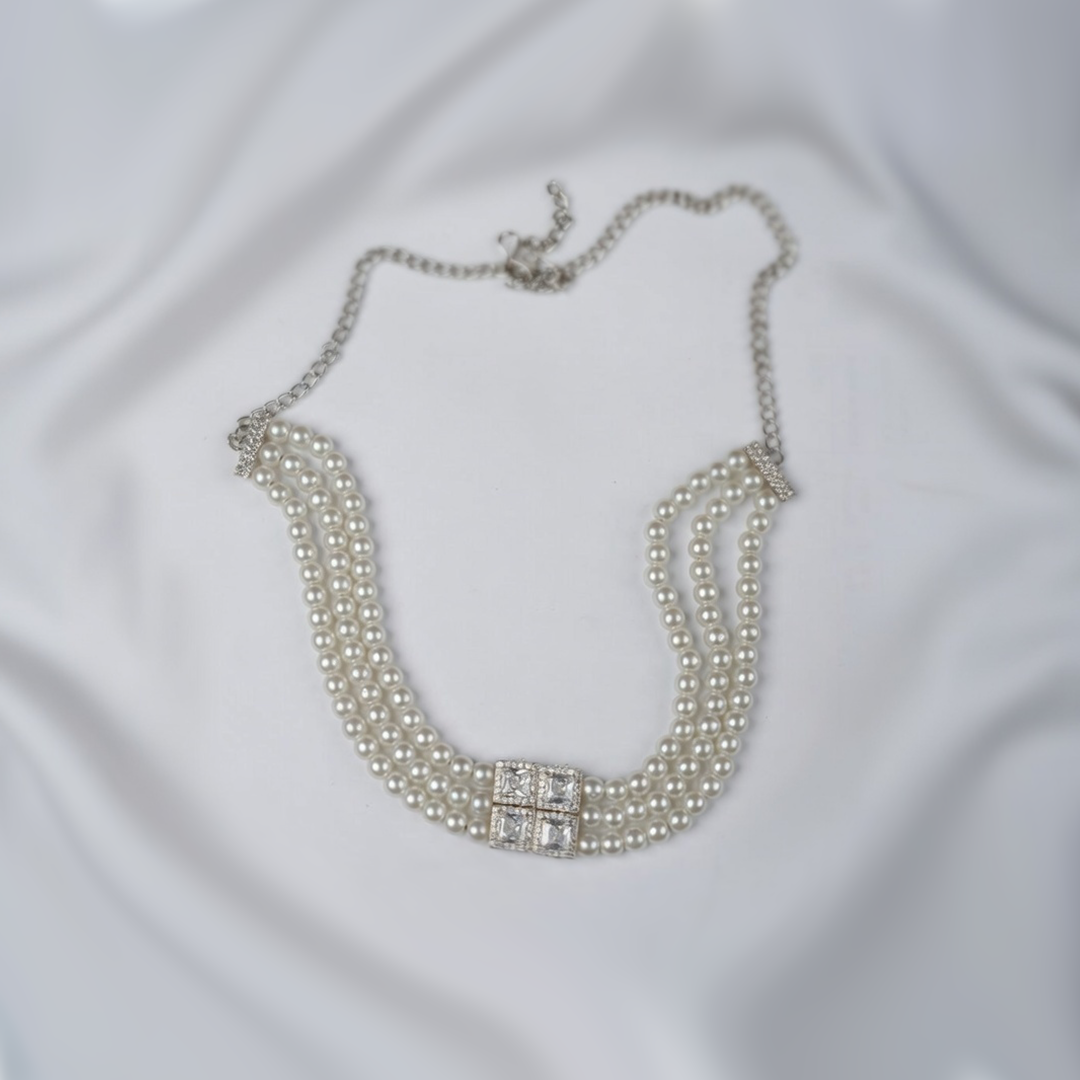 Elegant Silver-Toned Three-Strand Knotted White Pearl Necklace With Small Earrings
