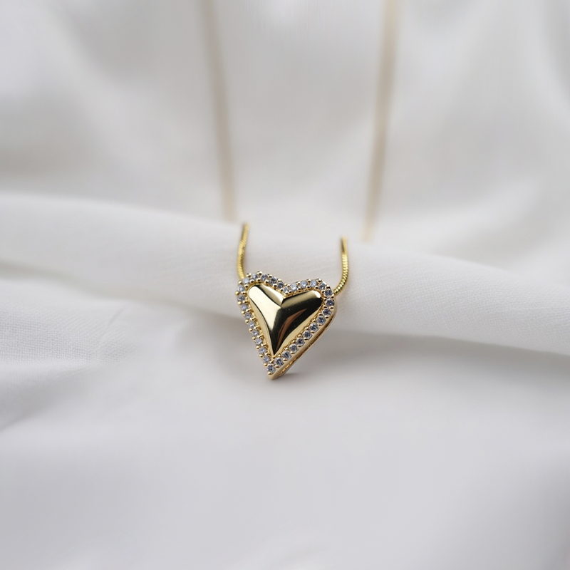 Pave Outlined Elongated Heart Pendant Necklace| Gold Tones Chain With Cubic Zirconia Stones