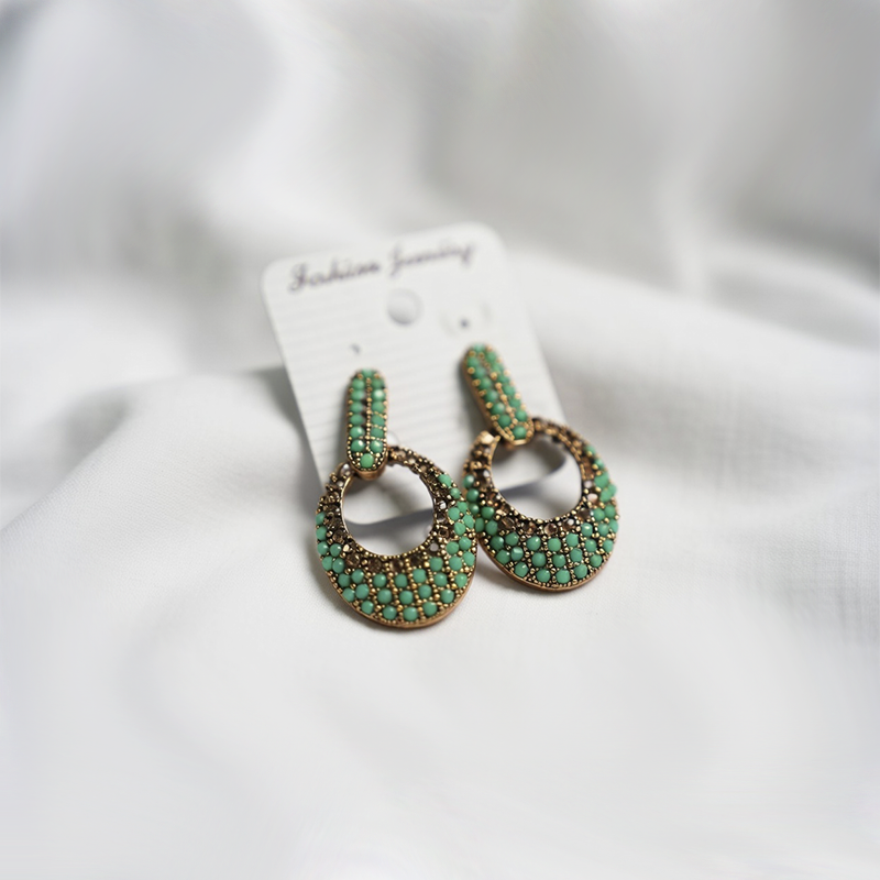 Traditional Gold-Plated Mint Green Stone & Crystal Dangler Earrings for Women