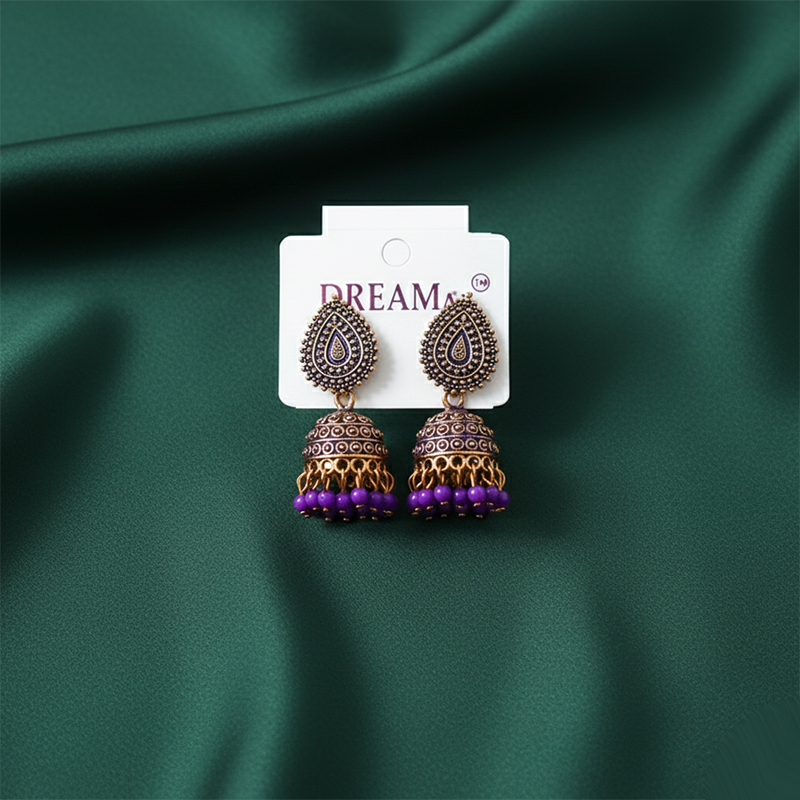 Gold-Plated Traditional Indian Jhumka Earrings| Antique Finish & Accents Color Earrings For Girls