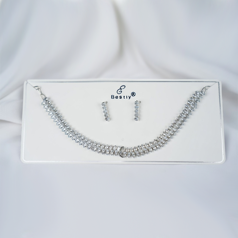 Silver Plated Cubic Zirconia Stone Studded Choker Necklace & Earrings Set For Girls