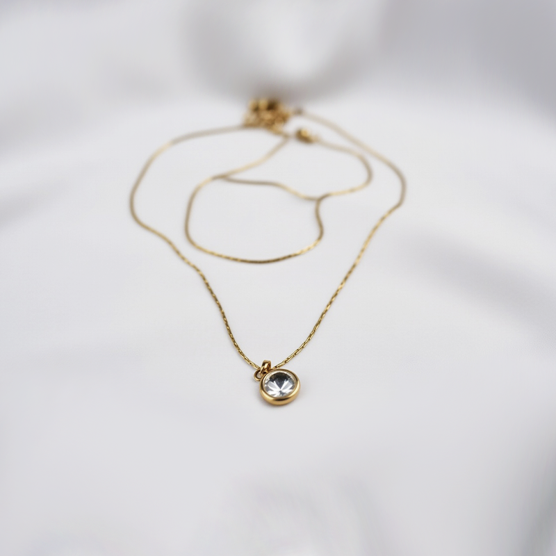 Gold Tone Plated Single Round Clear Stone Pendant Necklace| Minimalist Chain For Girls
