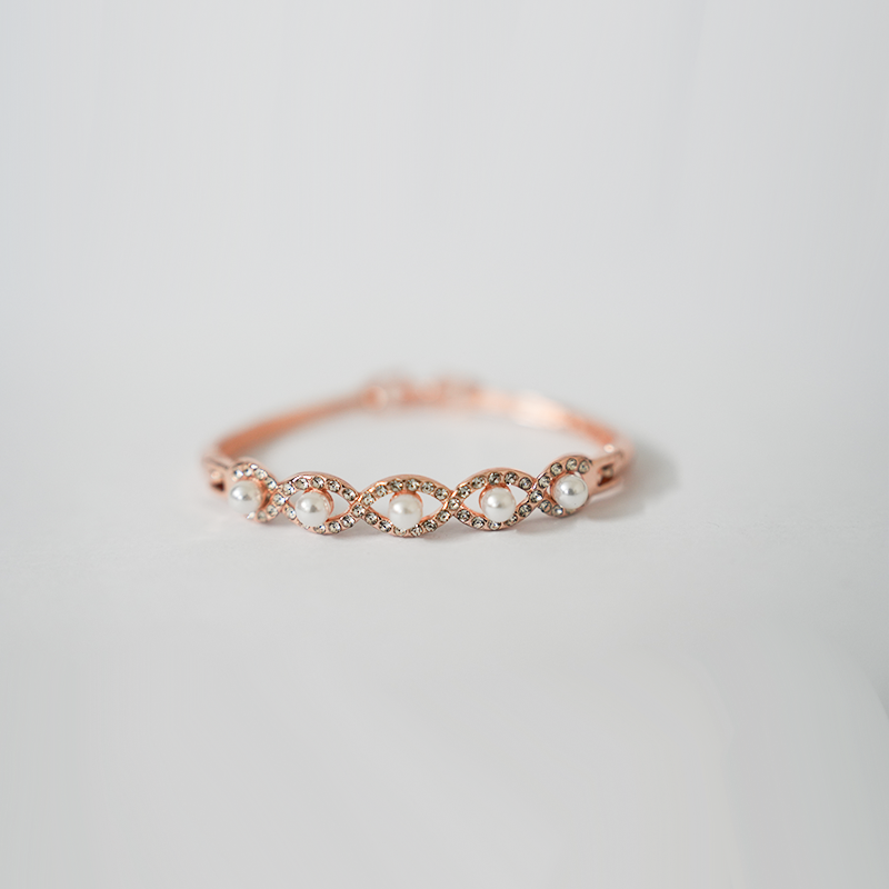 Rose Gold Toned Hinged Bangle Bracelet| Embellished With Lustrous White Pearls & Sparkling Cubic Zirconia| Lightweight Bracelet For Women's & Girls