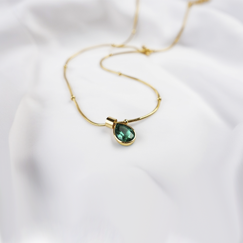 Green Emerald Inspired Teardrop Pendant| Gold-Plated Stainless-Steel Necklace For Girls