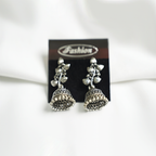 Traditional Oxidized Silver Jhumka Earrings With a Leaf Pattern & Beaded Detailing