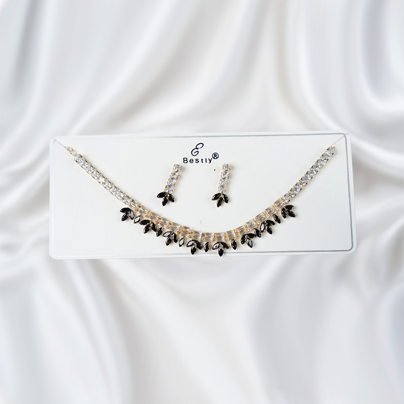 Gold-Toned Clear Stone Leaf Motif Jewellery Set| Floral Pattern Necklace & Matching Earrings For Girls