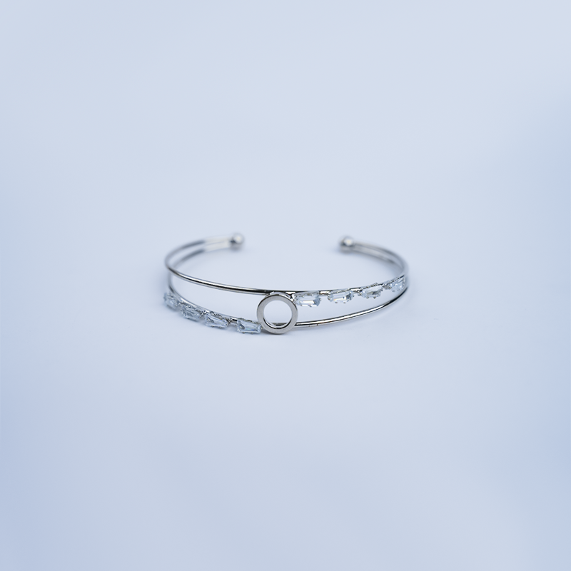 Double Band Open Cuff Bracelet| Clear Rectangular Baguette-Cut Stones| Central Open Circle Design| Lightweight Bracelet for women's