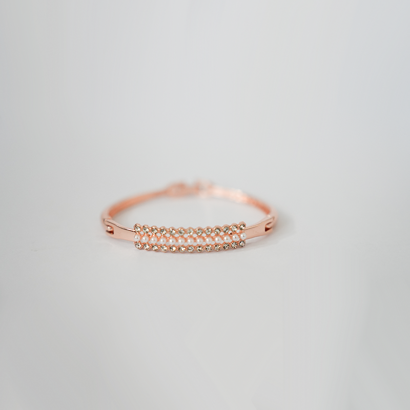 Rose Gold Toned Hinged Bangle Bracelet| Central Bar Design With Two Rows Of Small, Round, White Accents| Lightweight Bracelet For Women's & Girls