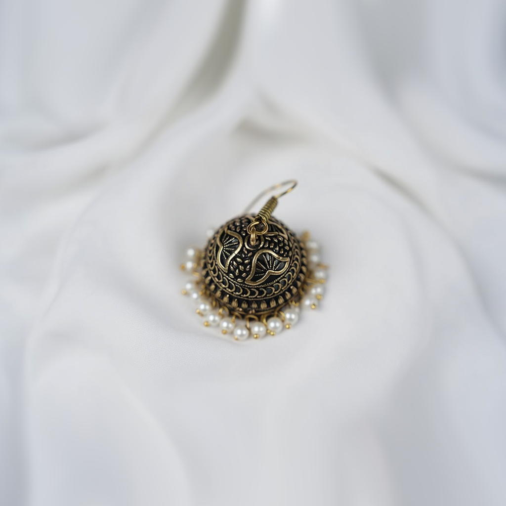 Oxidized Gold-Toned Jhumka Earrings With Pearl Bead Details| Simple Earrings For Girls