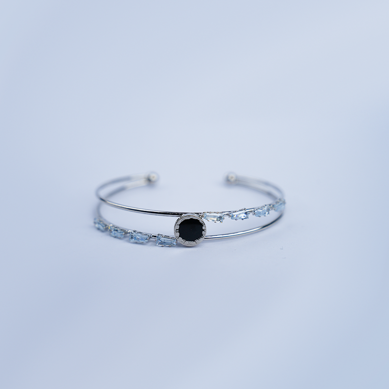 Roman Dial Open Cuff Bracelet| Black Enamel Motif & Clear Crystal Accents| Lightweight Bracelet for Women's