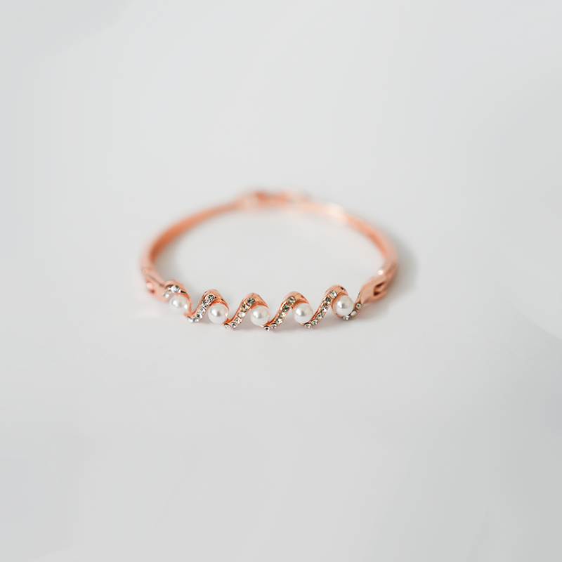 Rose Gold Toned Wavy Bangle Bracelet| Lustrous Pearls & Sparkling Clear Crystals| Lightweight Bangle For Women's
