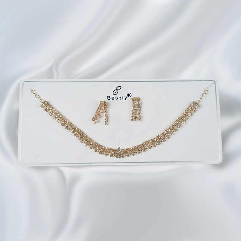 Gold-Toned Cubic Zirconia Stone Studded Choker Necklace Set with Matching Drop Earrings