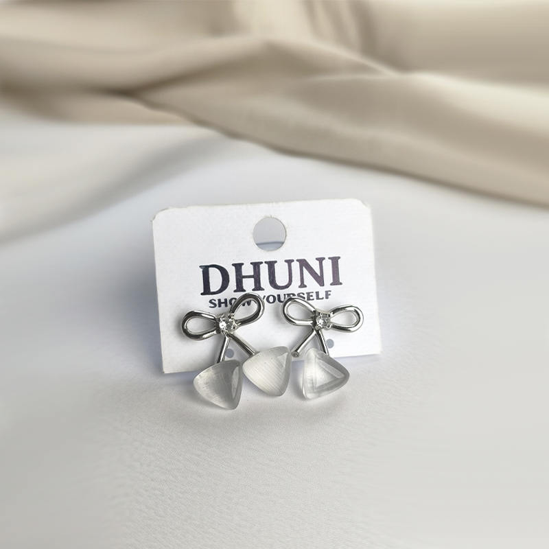 Silver Bow Stud Earrings With Milky White Stones| Lightweight Earrings For Girls