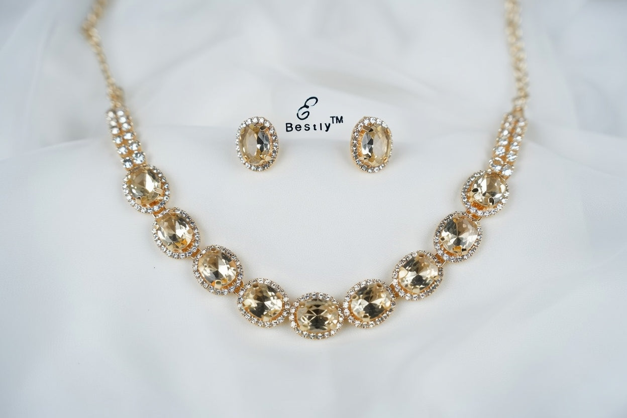 Gold Plated Large Oval Champagne-Colored Stones Choker Style Necklace & Earring Set| Elegant Necklace Set For Girls