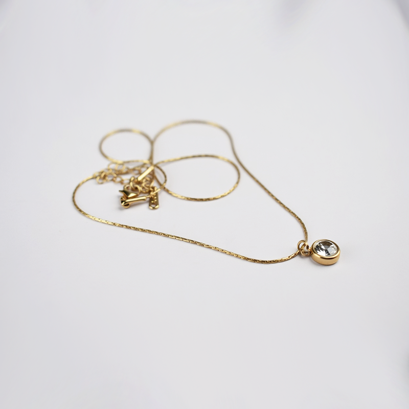 Gold Tone Plated Single Round Clear Stone Pendant Necklace| Minimalist Chain For Girls